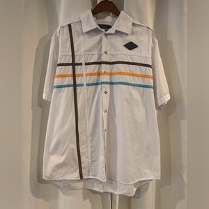 COOGI XXL Shirt White Multi-color Stripes‎ Button Front Short Sleeve Logos